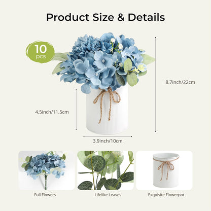 10PCS Flower Centerpieces for Tables, Blue Hydrangeas and Roses | with Metal Vase, Ready-to-Use, Flower Table Centerpieces for Wedding, Baby Shower, Reception Party Table Decor