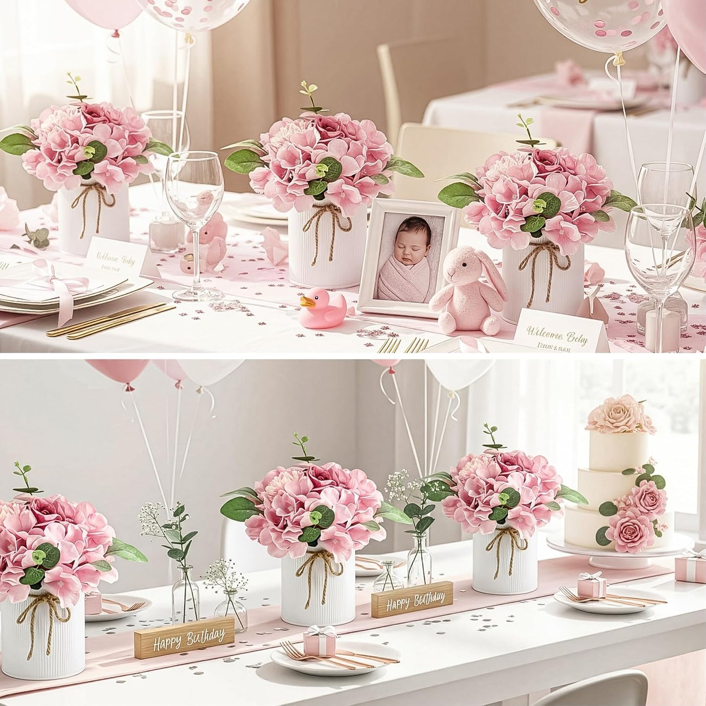10PCS Flower Centerpieces for Tables, Blue Hydrangeas and Roses | with Metal Vase, Ready-to-Use, Flower Table Centerpieces for Wedding, Baby Shower, Reception Party Table Decor