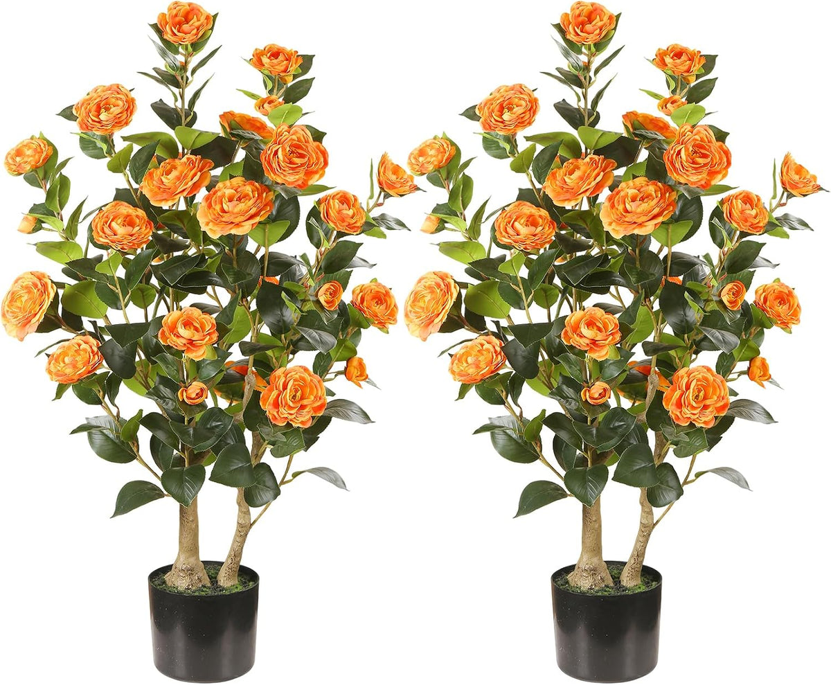 Artificial Camellia Tree 2 Pack, 3FT Faux Camellia Plant with Orange Flowers Lifelike, Faux Greenery for Living Room, Patio, or Wedding