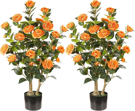 Artificial Camellia Tree 2 Pack, 3FT Faux Camellia Plant with Orange Flowers Lifelike, Faux Greenery for Living Room, Patio, or Wedding