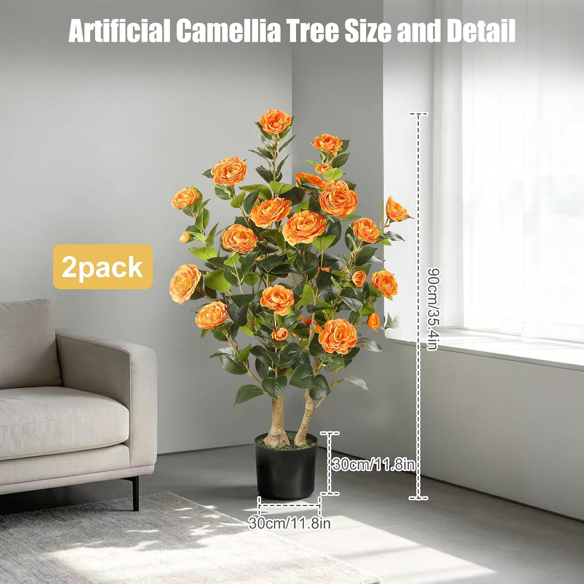 Artificial Camellia Tree 2 Pack, 3FT Faux Camellia Plant with Orange Flowers Lifelike, Faux Greenery for Living Room, Patio, or Wedding