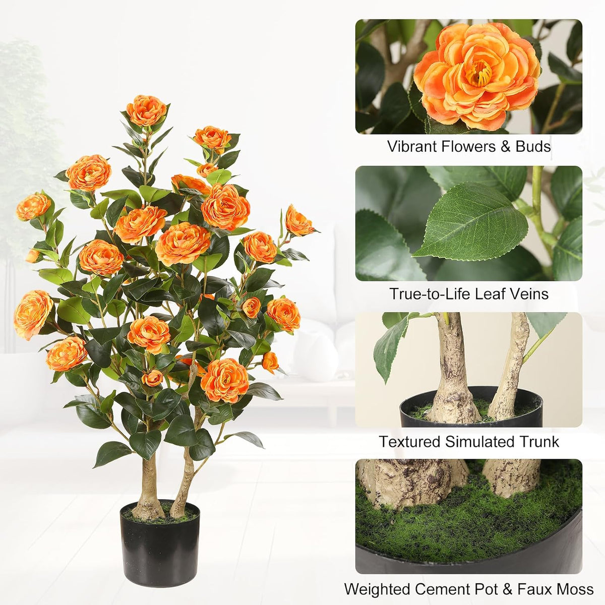 Artificial Camellia Tree 2 Pack, 3FT Faux Camellia Plant with Orange Flowers Lifelike, Faux Greenery for Living Room, Patio, or Wedding