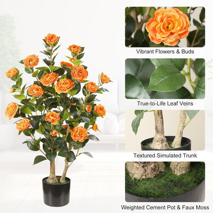 Artificial Camellia Tree 2 Pack, 3FT Faux Camellia Plant with Orange Flowers Lifelike, Faux Greenery for Living Room, Patio, or Wedding
