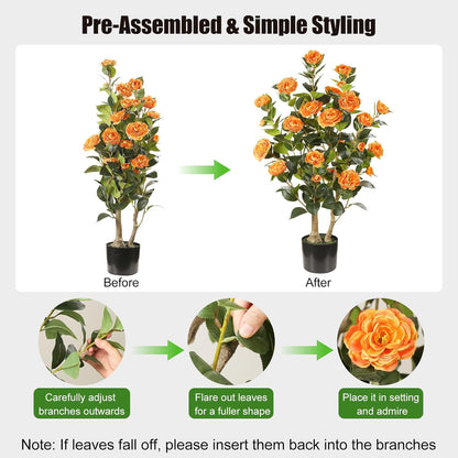 Artificial Camellia Tree 2 Pack, 3FT Faux Camellia Plant with Orange Flowers Lifelike, Faux Greenery for Living Room, Patio, or Wedding