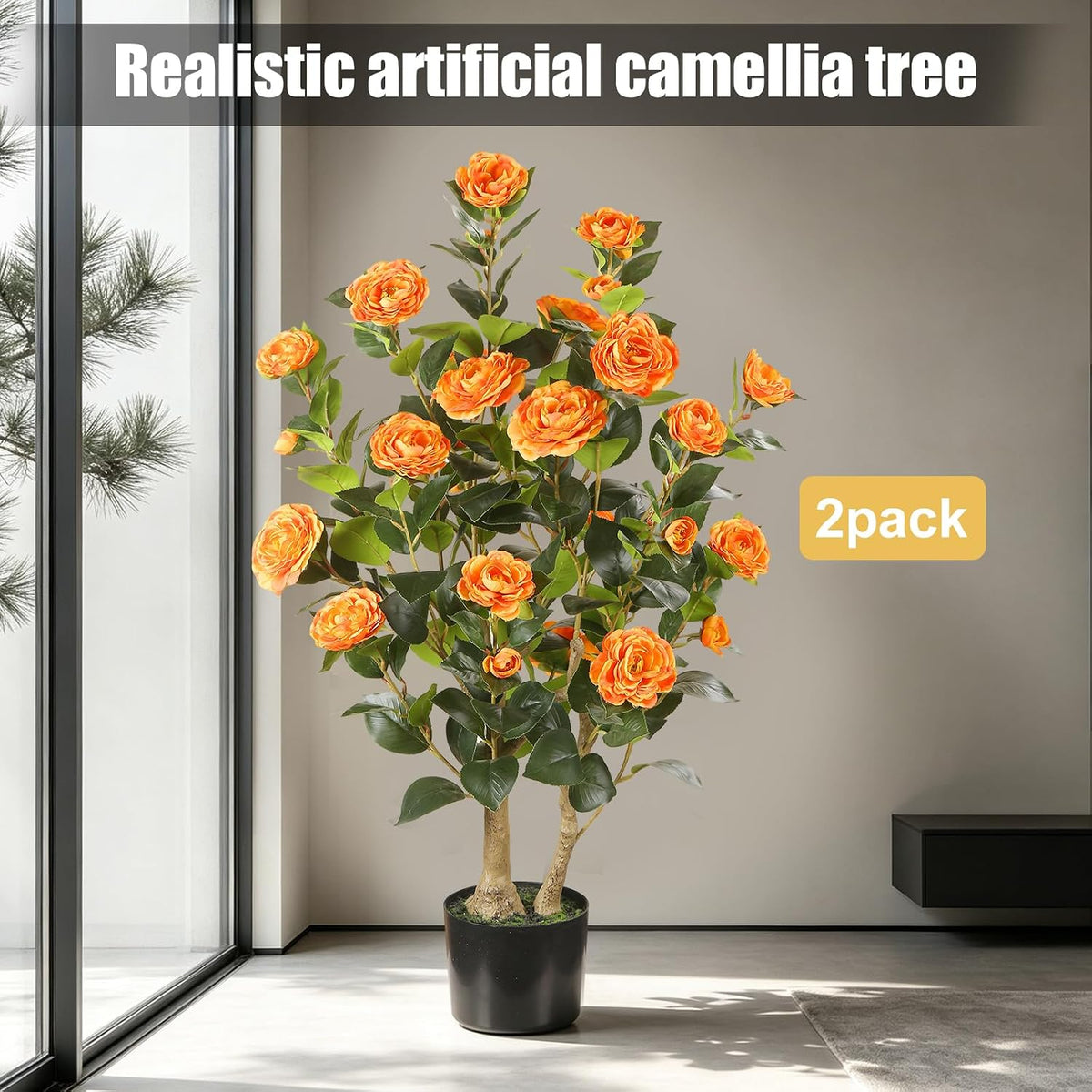 Artificial Camellia Tree 2 Pack, 3FT Faux Camellia Plant with Orange Flowers Lifelike, Faux Greenery for Living Room, Patio, or Wedding