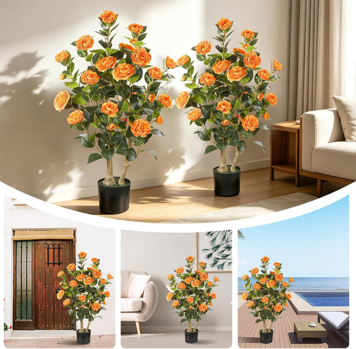Artificial Camellia Tree 2 Pack, 3FT Faux Camellia Plant with Orange Flowers Lifelike, Faux Greenery for Living Room, Patio, or Wedding
