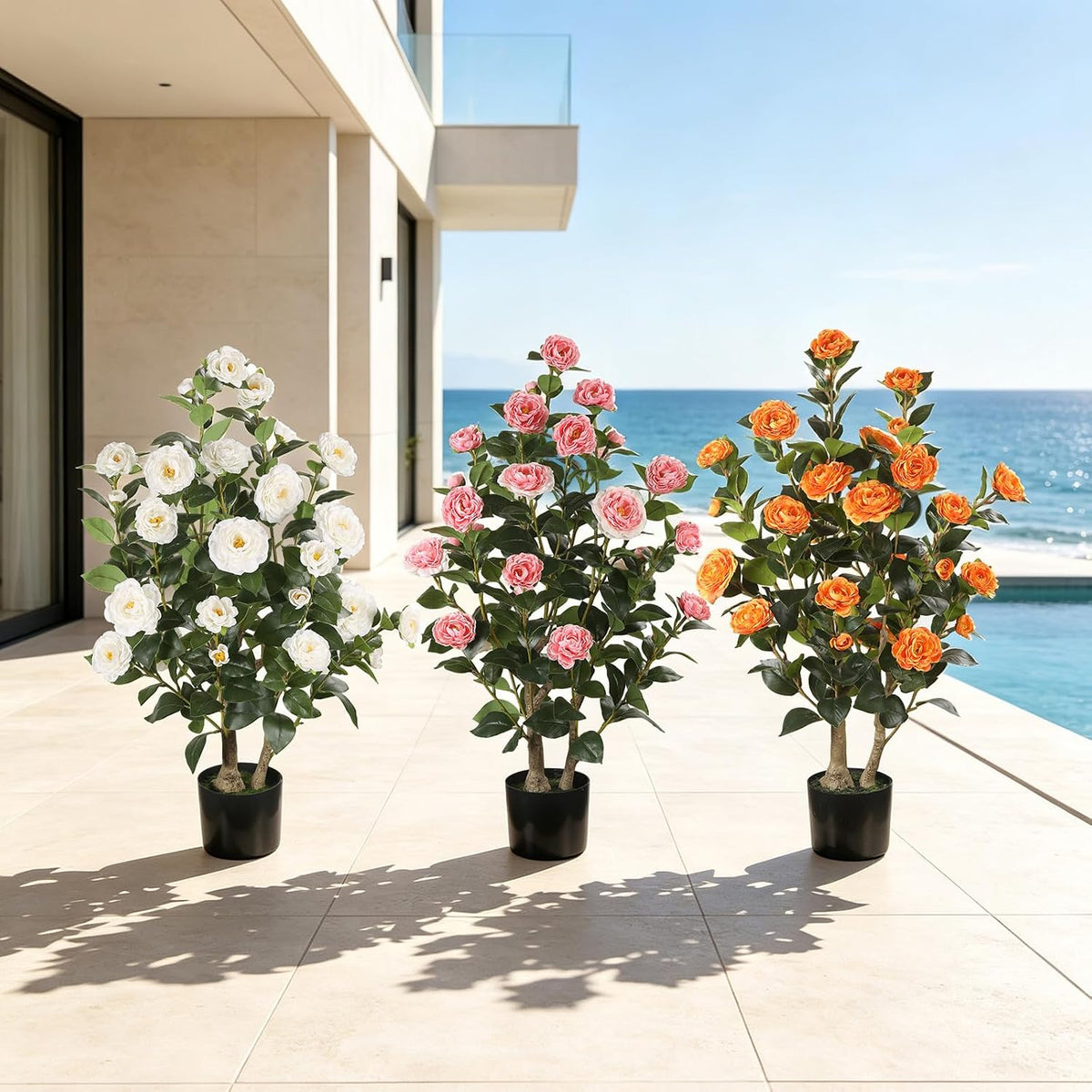 Artificial Camellia Tree 2 Pack, 3FT Faux Camellia Plant with Orange Flowers Lifelike, Faux Greenery for Living Room, Patio, or Wedding