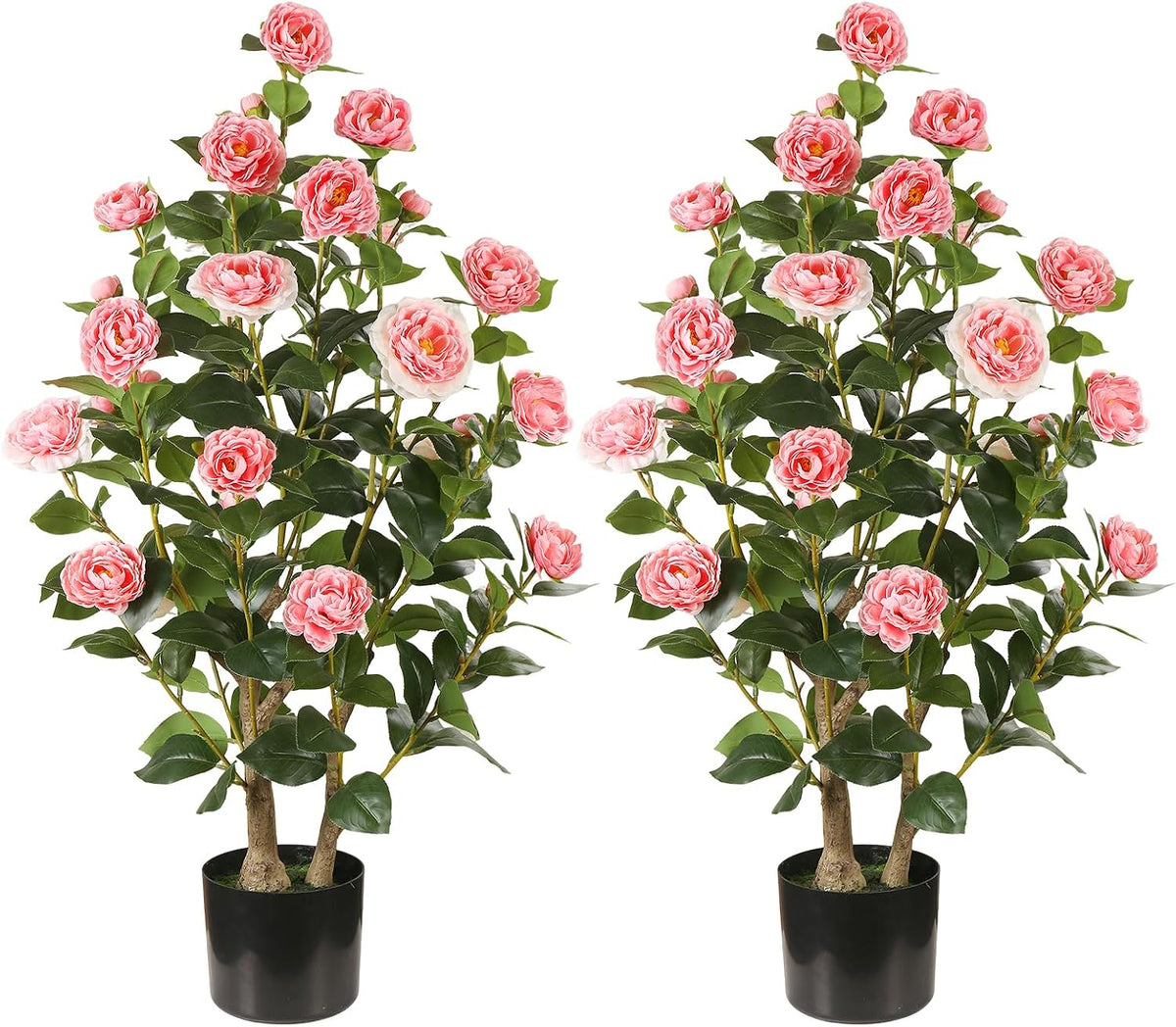Artificial Camellia Tree 2 Pack, 3FT Faux Camellia Plant with Orange Flowers Lifelike, Faux Greenery for Living Room, Patio, or Wedding