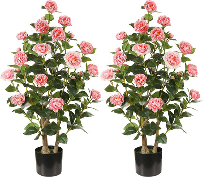 Artificial Camellia Tree 2 Pack, 3FT Faux Camellia Plant with Orange Flowers Lifelike, Faux Greenery for Living Room, Patio, or Wedding