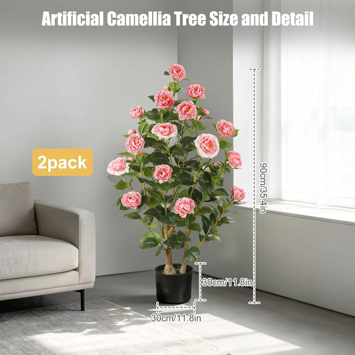 Artificial Camellia Tree 2 Pack, 3FT Faux Camellia Plant with Orange Flowers Lifelike, Faux Greenery for Living Room, Patio, or Wedding