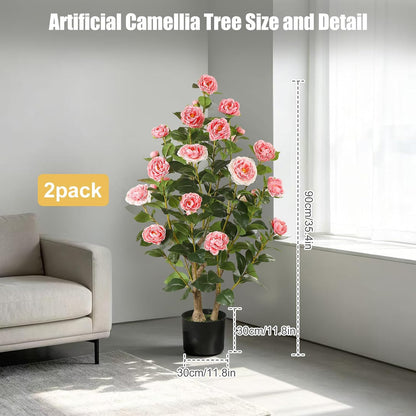 Artificial Camellia Tree 2 Pack, 3FT Faux Camellia Plant with Orange Flowers Lifelike, Faux Greenery for Living Room, Patio, or Wedding