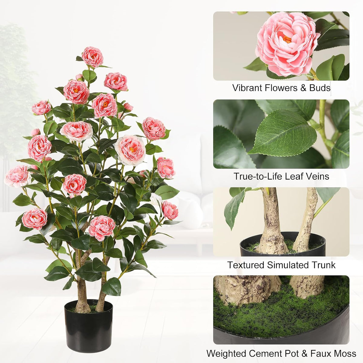 Artificial Camellia Tree 2 Pack, 3FT Faux Camellia Plant with Orange Flowers Lifelike, Faux Greenery for Living Room, Patio, or Wedding