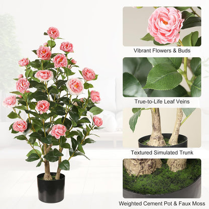 Artificial Camellia Tree 2 Pack, 3FT Faux Camellia Plant with Orange Flowers Lifelike, Faux Greenery for Living Room, Patio, or Wedding