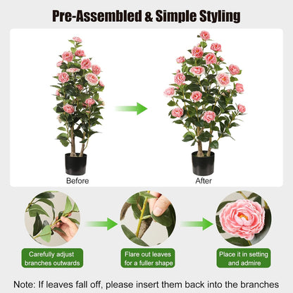 Artificial Camellia Tree 2 Pack, 3FT Faux Camellia Plant with Orange Flowers Lifelike, Faux Greenery for Living Room, Patio, or Wedding