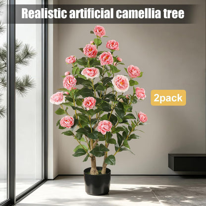 Artificial Camellia Tree 2 Pack, 3FT Faux Camellia Plant with Orange Flowers Lifelike, Faux Greenery for Living Room, Patio, or Wedding