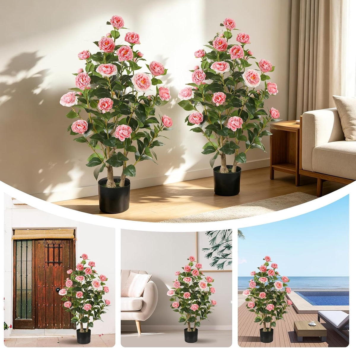 Artificial Camellia Tree 2 Pack, 3FT Faux Camellia Plant with Orange Flowers Lifelike, Faux Greenery for Living Room, Patio, or Wedding