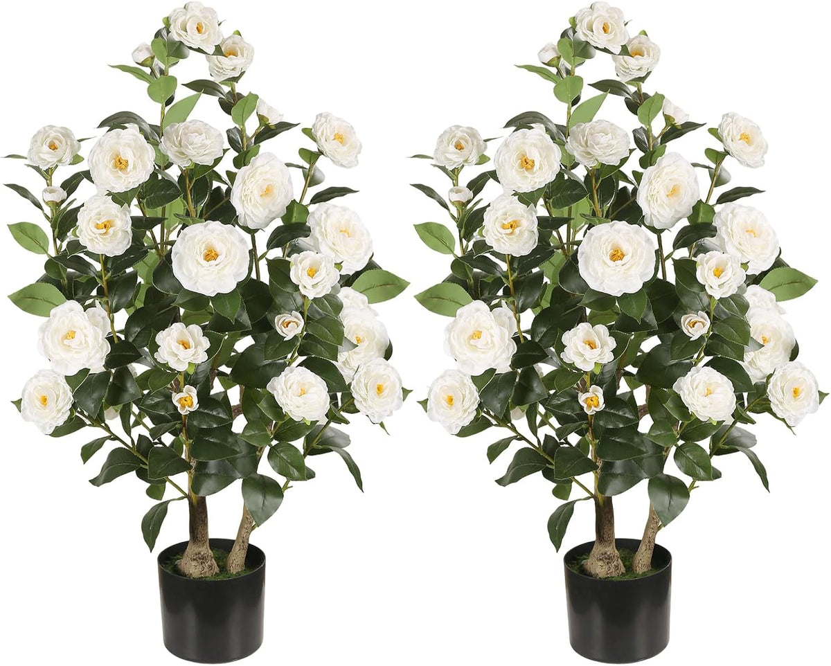 Artificial Camellia Tree 2 Pack, 3FT Faux Camellia Plant with Orange Flowers Lifelike, Faux Greenery for Living Room, Patio, or Wedding