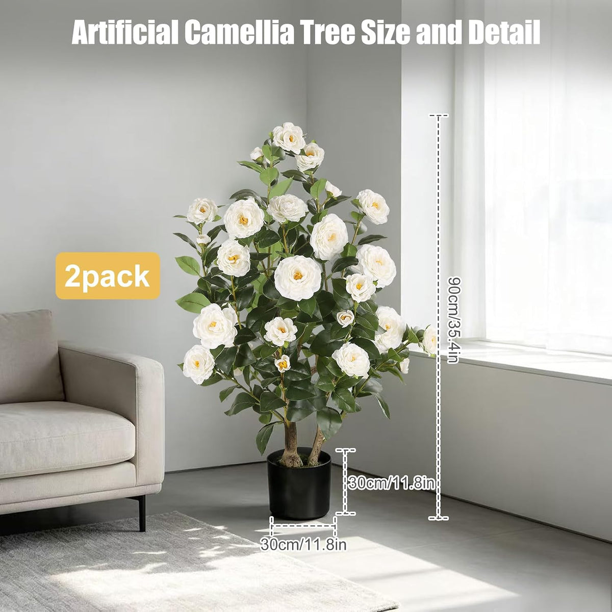 Artificial Camellia Tree 2 Pack, 3FT Faux Camellia Plant with Orange Flowers Lifelike, Faux Greenery for Living Room, Patio, or Wedding