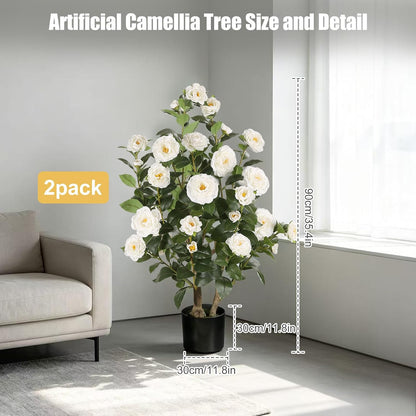 Artificial Camellia Tree 2 Pack, 3FT Faux Camellia Plant with Orange Flowers Lifelike, Faux Greenery for Living Room, Patio, or Wedding