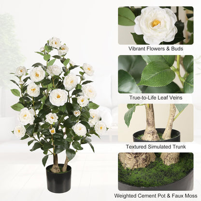 Artificial Camellia Tree 2 Pack, 3FT Faux Camellia Plant with Orange Flowers Lifelike, Faux Greenery for Living Room, Patio, or Wedding