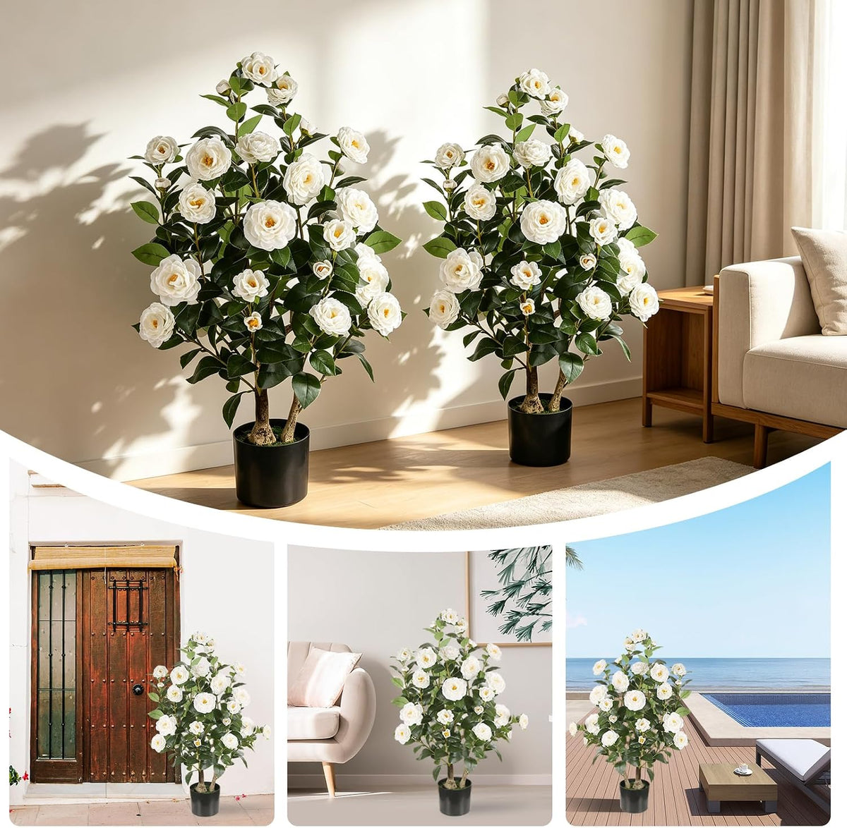 Artificial Camellia Tree 2 Pack, 3FT Faux Camellia Plant with Orange Flowers Lifelike, Faux Greenery for Living Room, Patio, or Wedding