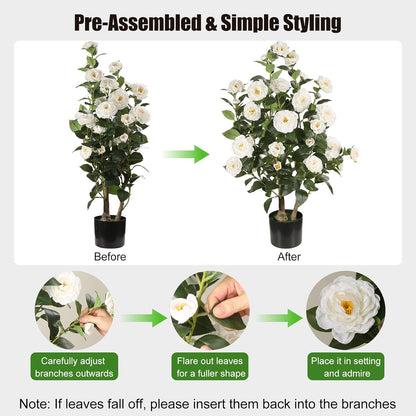 Artificial Camellia Tree 2 Pack, 3FT Faux Camellia Plant with Orange Flowers Lifelike, Faux Greenery for Living Room, Patio, or Wedding