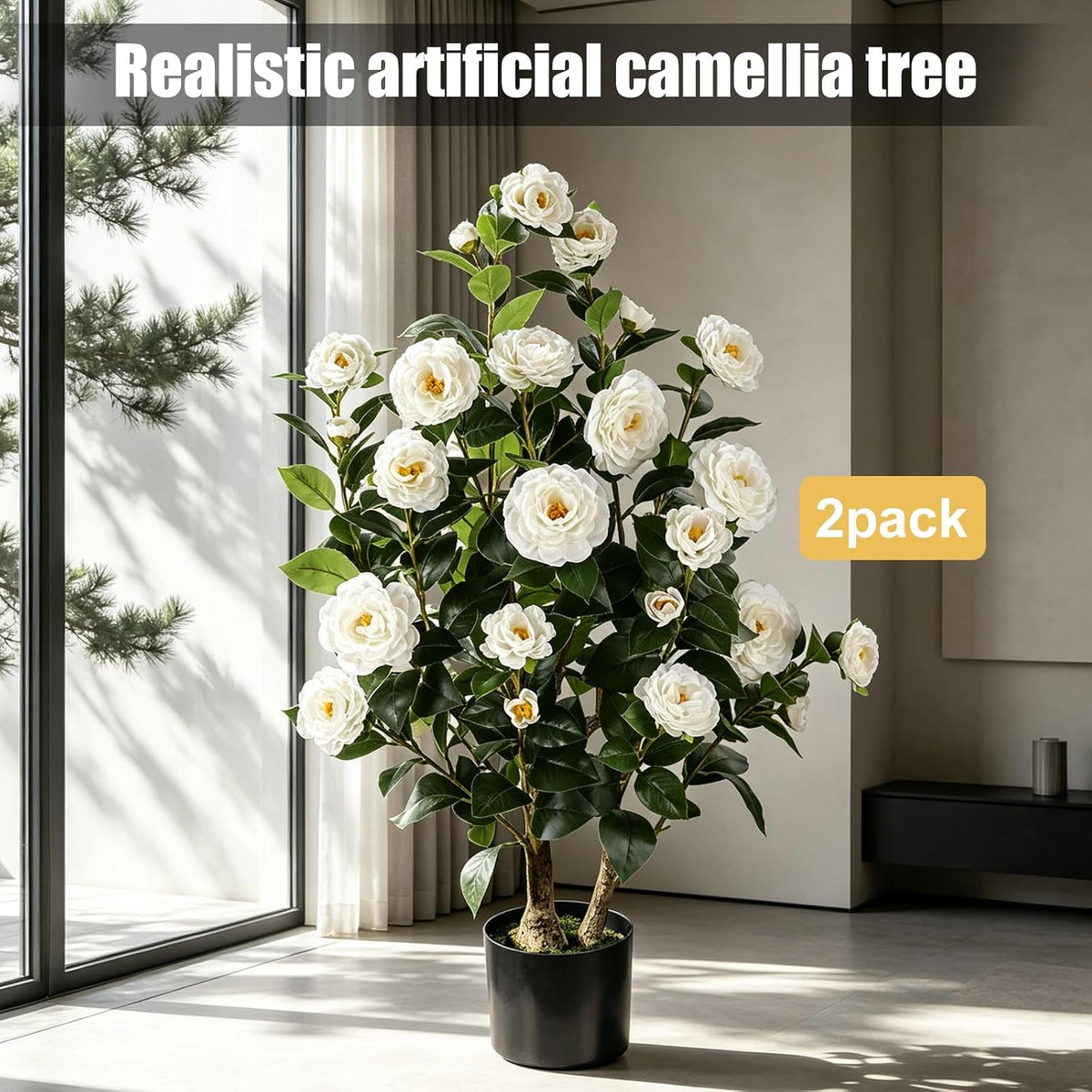 Artificial Camellia Tree 2 Pack, 3FT Faux Camellia Plant with Orange Flowers Lifelike, Faux Greenery for Living Room, Patio, or Wedding