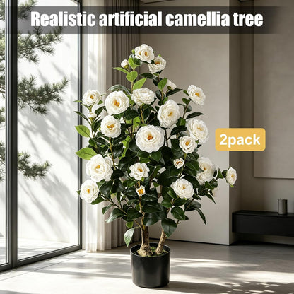 Artificial Camellia Tree 2 Pack, 3FT Faux Camellia Plant with Orange Flowers Lifelike, Faux Greenery for Living Room, Patio, or Wedding