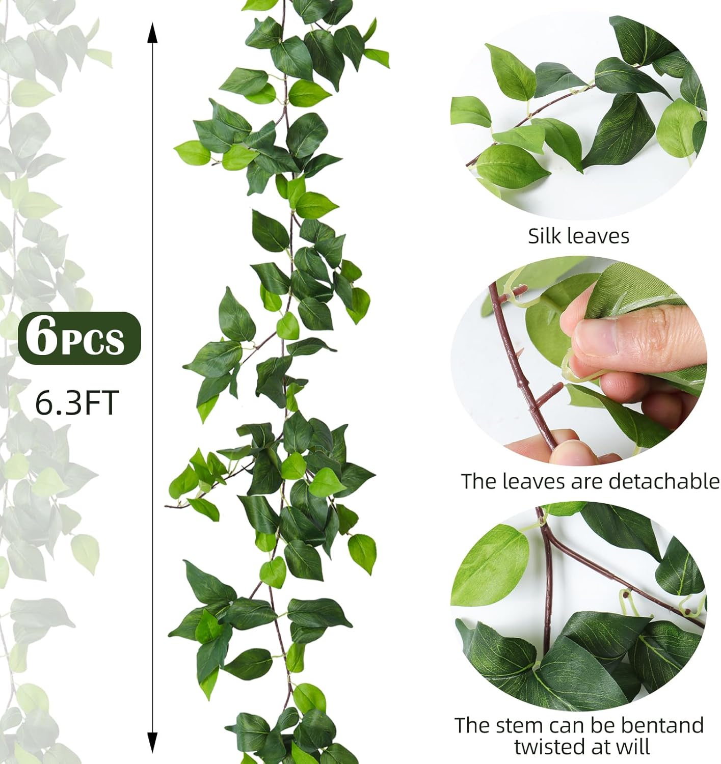 3 Strands Artificial Ivy Vines 6.3Ft Green Ivy Garland Faux Hanging Plants Greenery Decoration Artificial Vines for Summer Indoor Home Wall Wedding Graduation Party Room Decor(Green)