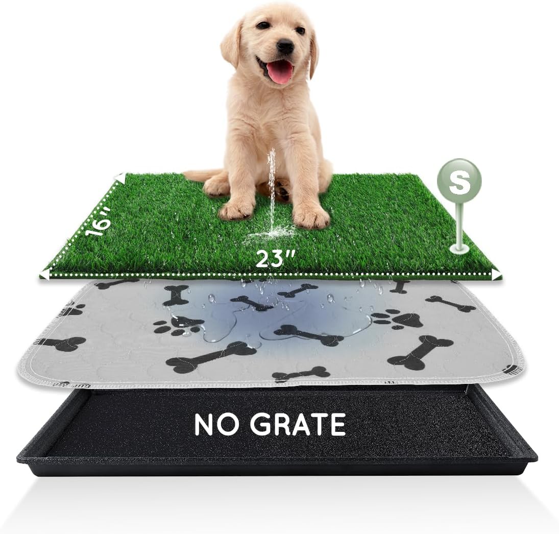 Dog Grass Pad with Tray Large 34’’×23’’, Ultra-Absorbent Artificial Grass Pad for Dogs Potty Grass Hemmed Edge for Indoor Potty Training, Reusable Dogs Pee Pads, Dog Litter Box for Balcony