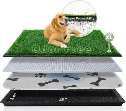 Dog Grass Pad with Tray Large 34’’×23’’, Ultra-Absorbent Artificial Grass Pad for Dogs Potty Grass Hemmed Edge for Indoor Potty Training, Reusable Dogs Pee Pads, Dog Litter Box for Balcony