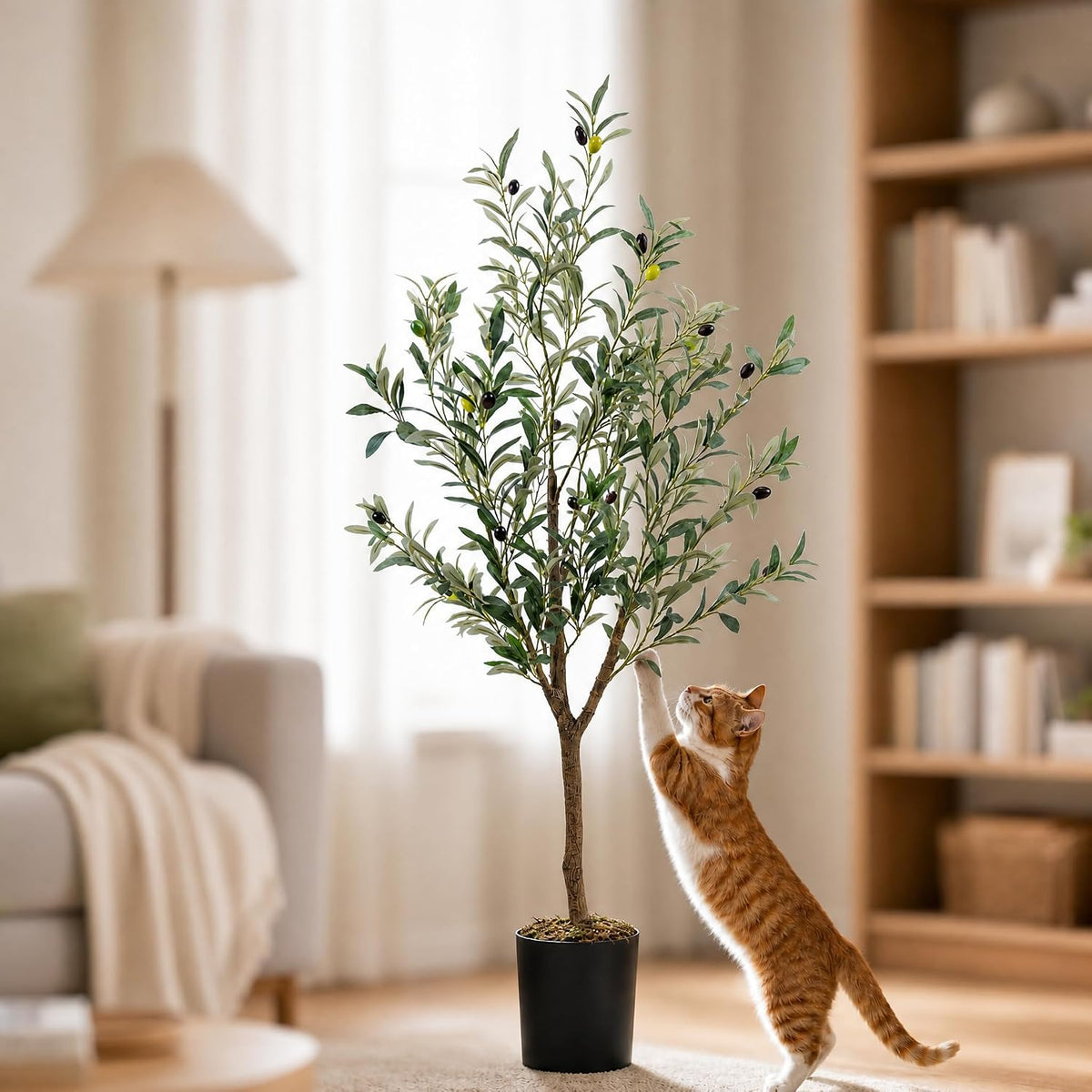Artificial Olive Tree with Water Droplets: 4ft Potted Realistic Fake Plant Trees with Fruits for Indoor Home Room Office Balcony Decor