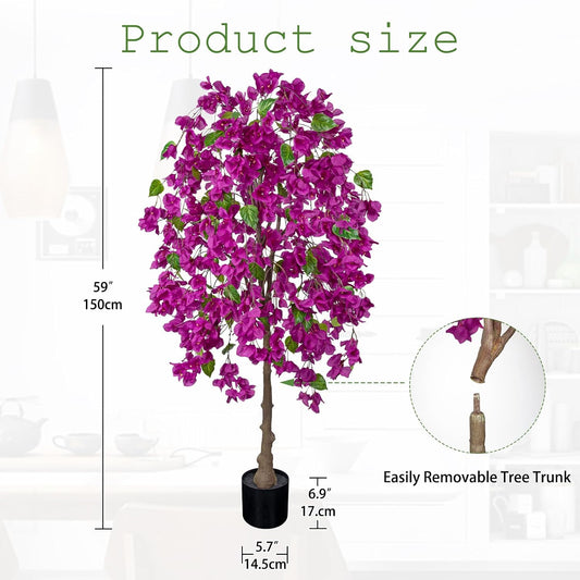 Artificial Bougainvillea Flower Tree in Black Pot - 59in Tall Faux Silk Bougainvillea Floral Tree with Realistic Trunk Fake Bougainvillea Plant for Home Office Living Outdoor Porch Décor