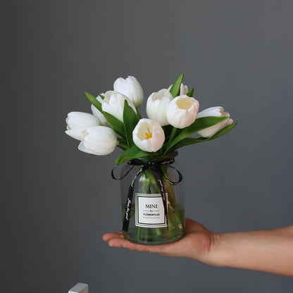 Fake Tulips with Vase,10 White Real Touch Artificial Tulip Arrangement