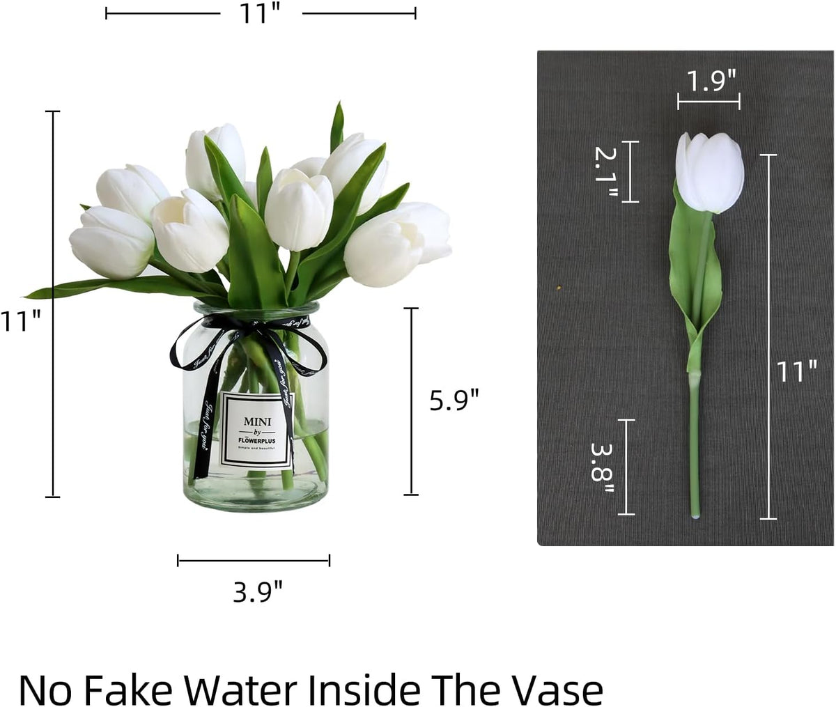 Fake Tulips with Vase,10 White Real Touch Artificial Tulip Arrangement