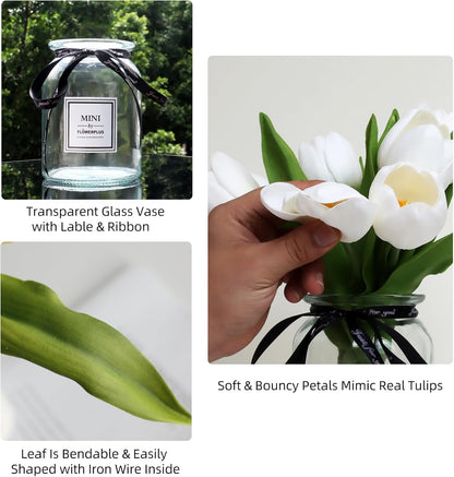 Fake Tulips with Vase,10 White Real Touch Artificial Tulip Arrangement
