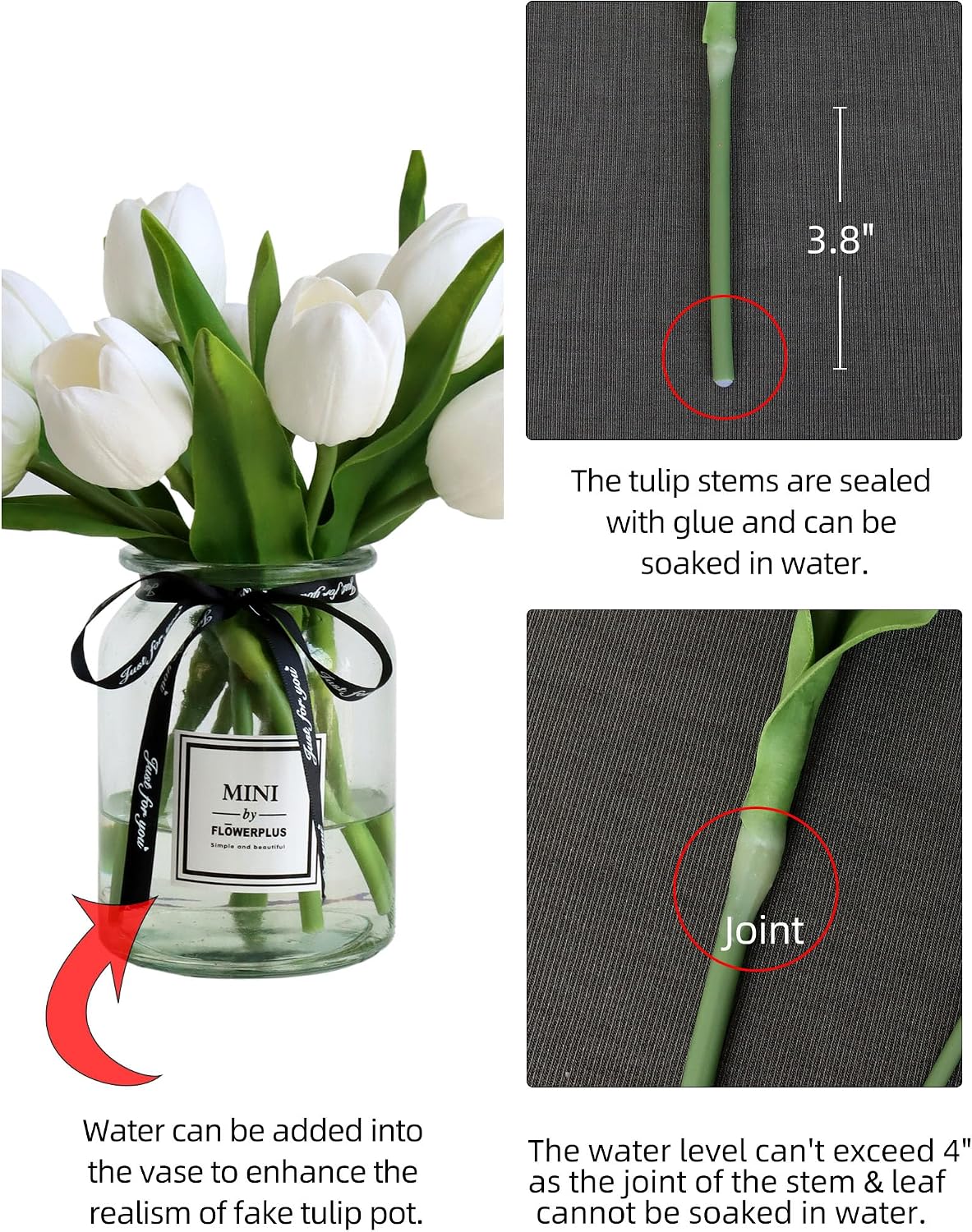 Fake Tulips with Vase,10 White Real Touch Artificial Tulip Arrangement