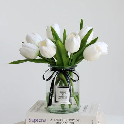 Fake Tulips with Vase,10 White Real Touch Artificial Tulip Arrangement