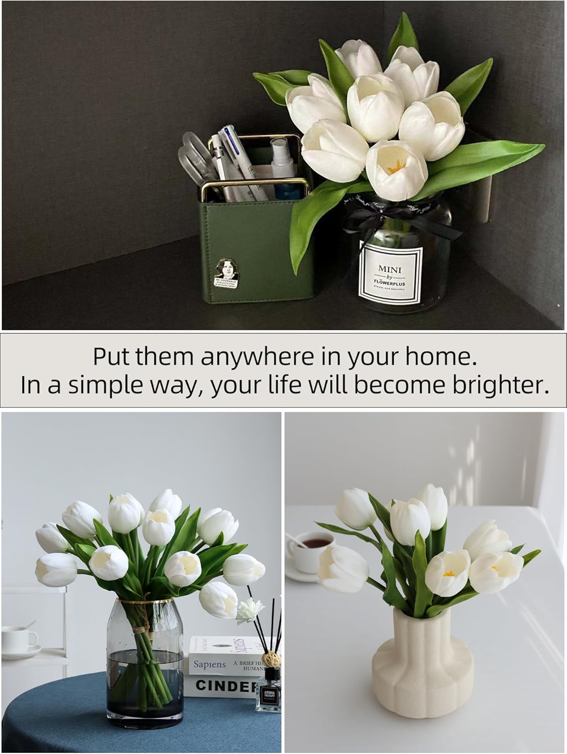 Fake Tulips with Vase,10 White Real Touch Artificial Tulip Arrangement