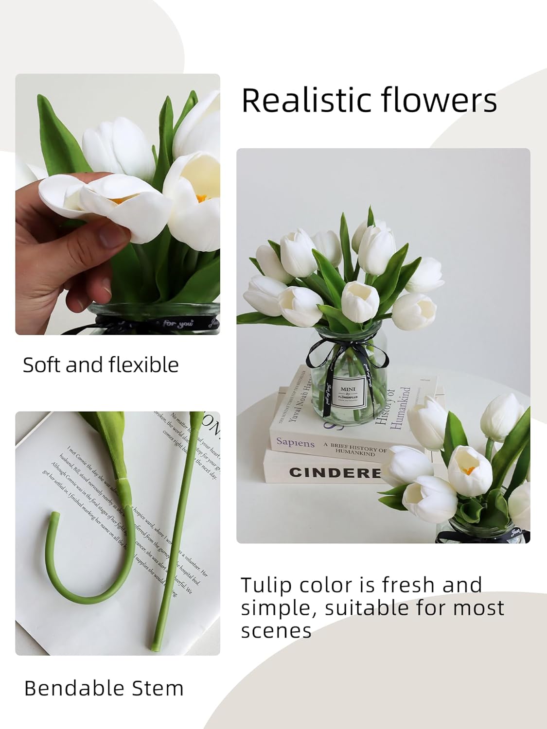 Fake Tulips with Vase,10 White Real Touch Artificial Tulip Arrangement