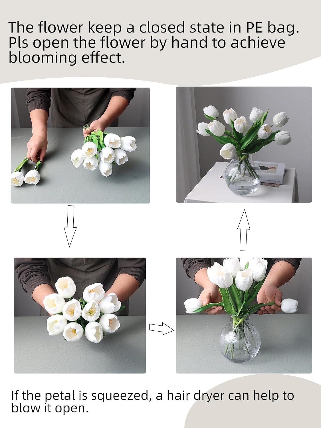 Fake Tulips with Vase,10 White Real Touch Artificial Tulip Arrangement