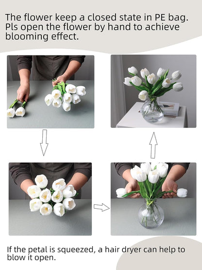 Fake Tulips with Vase,10 White Real Touch Artificial Tulip Arrangement