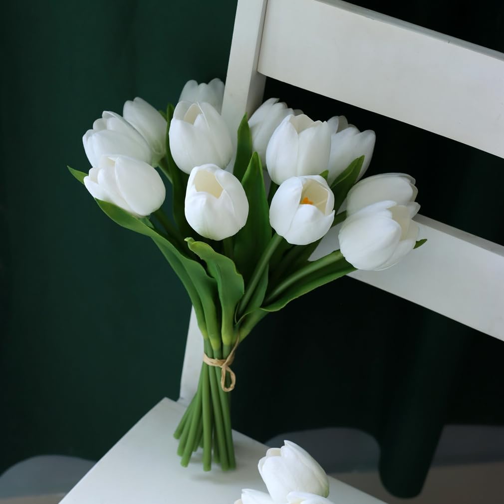 Fake Tulips with Vase,10 White Real Touch Artificial Tulip Arrangement