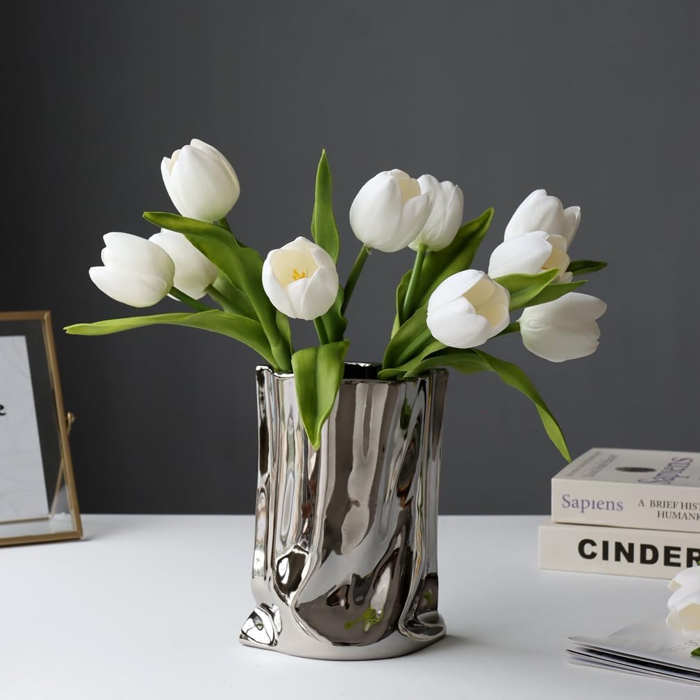 Fake Tulips with Vase,10 White Real Touch Artificial Tulip Arrangement