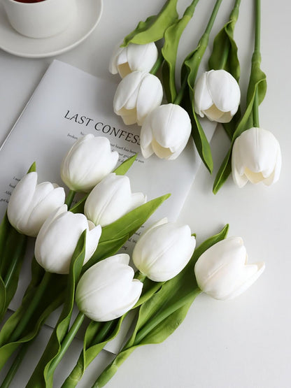 Fake Tulips with Vase,10 White Real Touch Artificial Tulip Arrangement