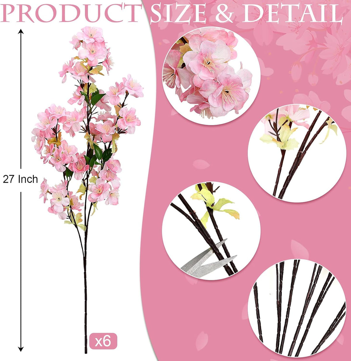 6Pcs Pink Artificial Cherry Blossom Branches for Home Decor, 27’’