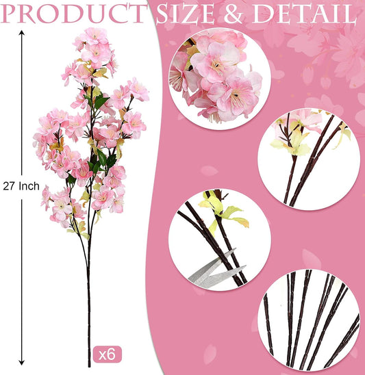 6Pcs Pink Artificial Cherry Blossom Branches for Home Decor, 27’’