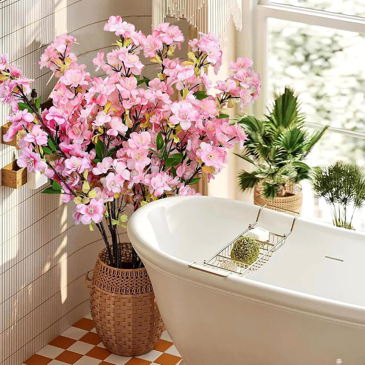 6Pcs Pink Artificial Cherry Blossom Branches for Home Decor, 27’’