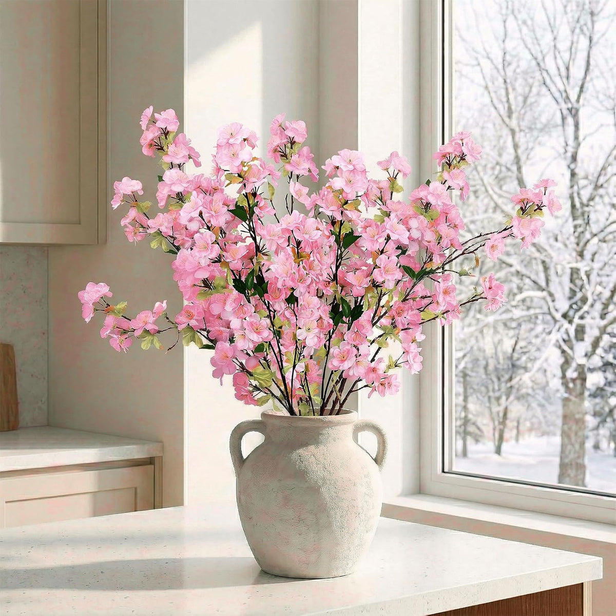 6Pcs Pink Artificial Cherry Blossom Branches for Home Decor, 27’’
