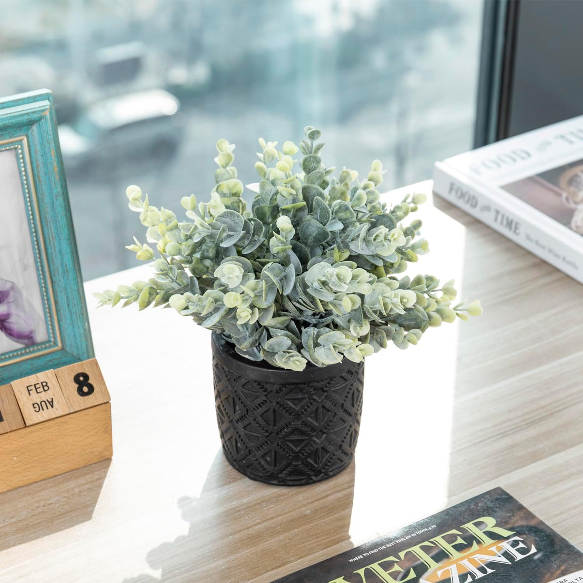 MyGift Artificial Eucalyptus Plant in Modern Gray Concrete Pots